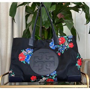 ♦️♦️ AUTHENTIC TORY BURCH BLACK FLORAL ELLA BOMBE TOTE ♦️♦️
